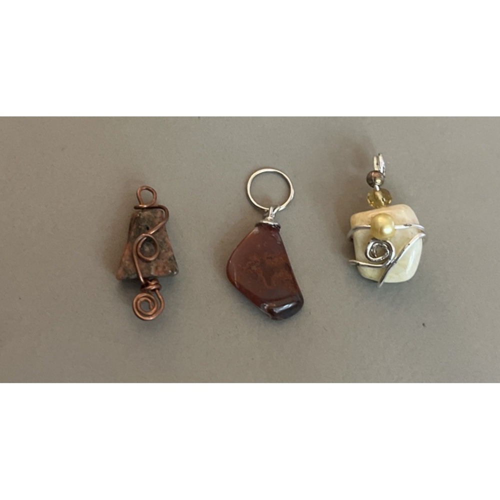Lot of 3 Mixed Natural Gemstone Pendants Charms Unikite Moss Agate Quartz #1